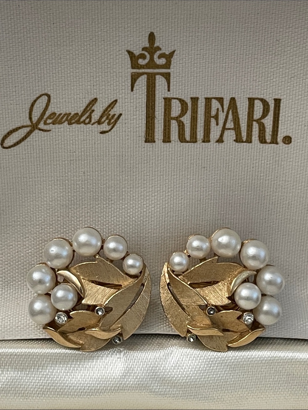 Trifari Gold Tone Leaf Earrings with Pearls